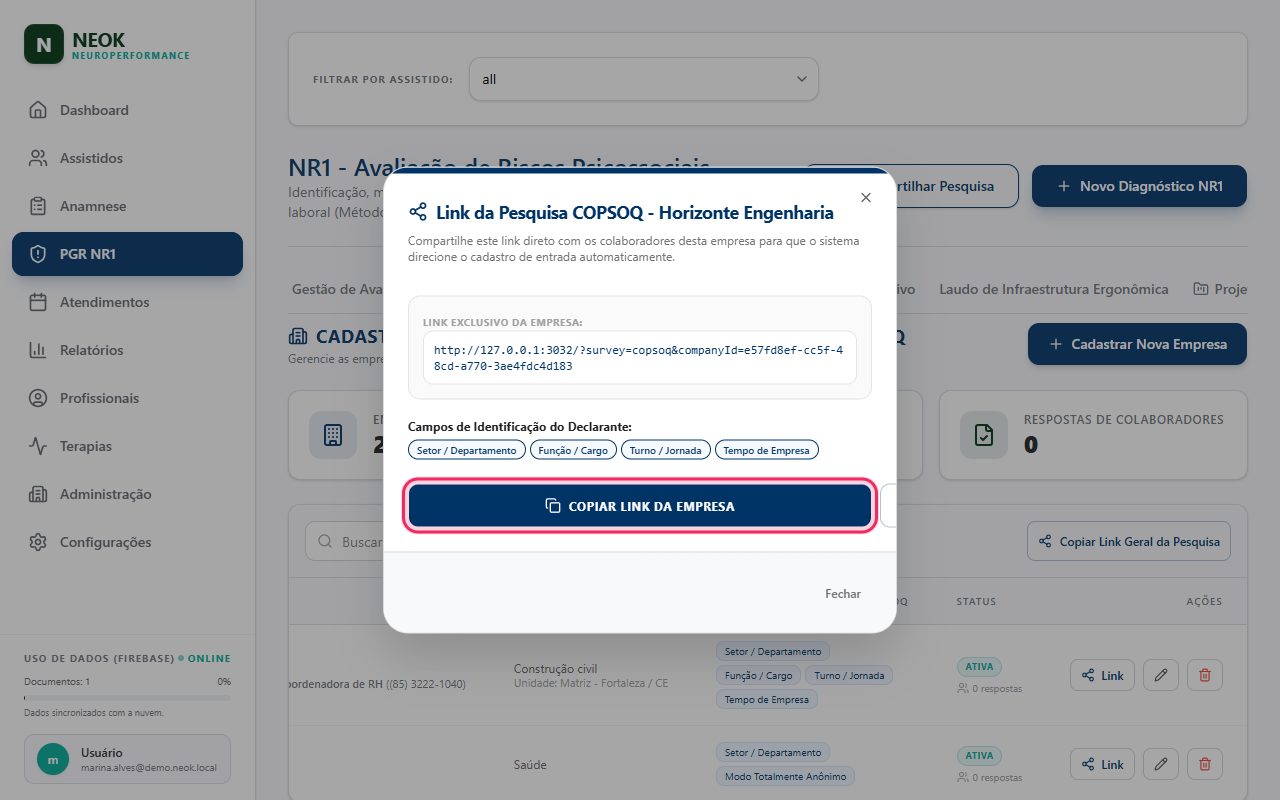 Link exclusivo da empresa: Diálogo Link da Pesquisa COPSOQ - Horizonte Engenharia com o Link Exclusivo da Empresa, a lista Campos de Identificação do Declarante (Setor / Departamento, Função / Cargo, Turno / Jornada, Tempo de Empresa) e o botão Copiar Link da Empresa.