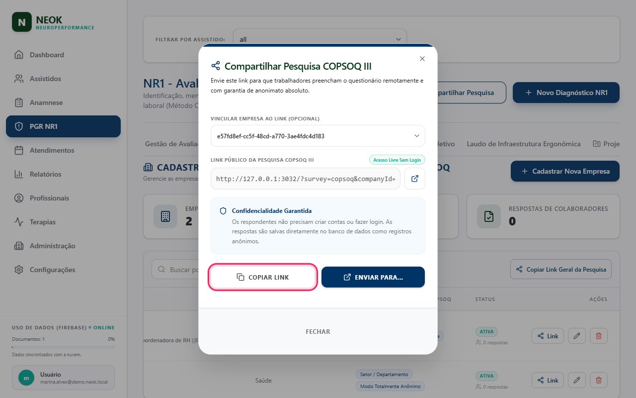 Compartilhar Pesquisa: Diálogo Compartilhar Pesquisa COPSOQ III com Vincular Empresa ao Link (Opcional) = Horizonte Engenharia, o Link Público da Pesquisa COPSOQ III com o selo Acesso Livre Sem Login, a caixa Confidencialidade Garantida e os botões COPIAR LINK e ENVIAR PARA....