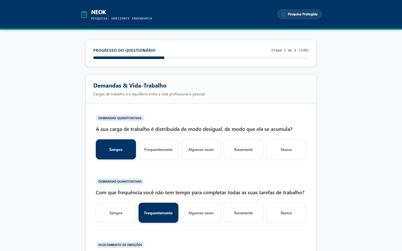 Tela da pesquisa respondida pelo trabalhador no celular, com a barra de progresso e as perguntas sobre carga de trabalho
