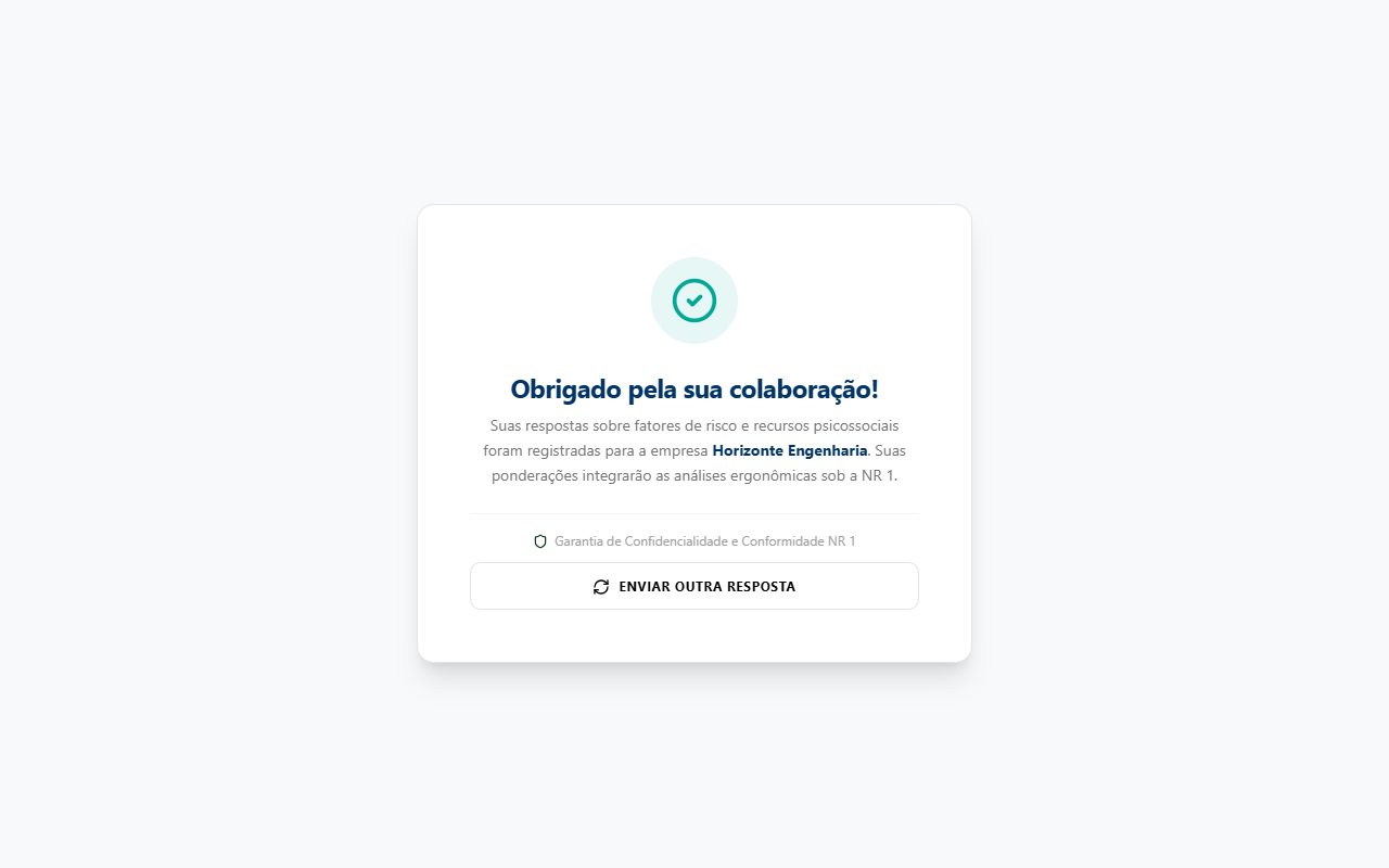 Respostas enviadas: Tela Obrigado pela sua colaboração! informando que as respostas foram registradas para a empresa Horizonte Engenharia, o selo Garantia de Confidencialidade e Conformidade NR 1 e o botão Enviar outra resposta.
