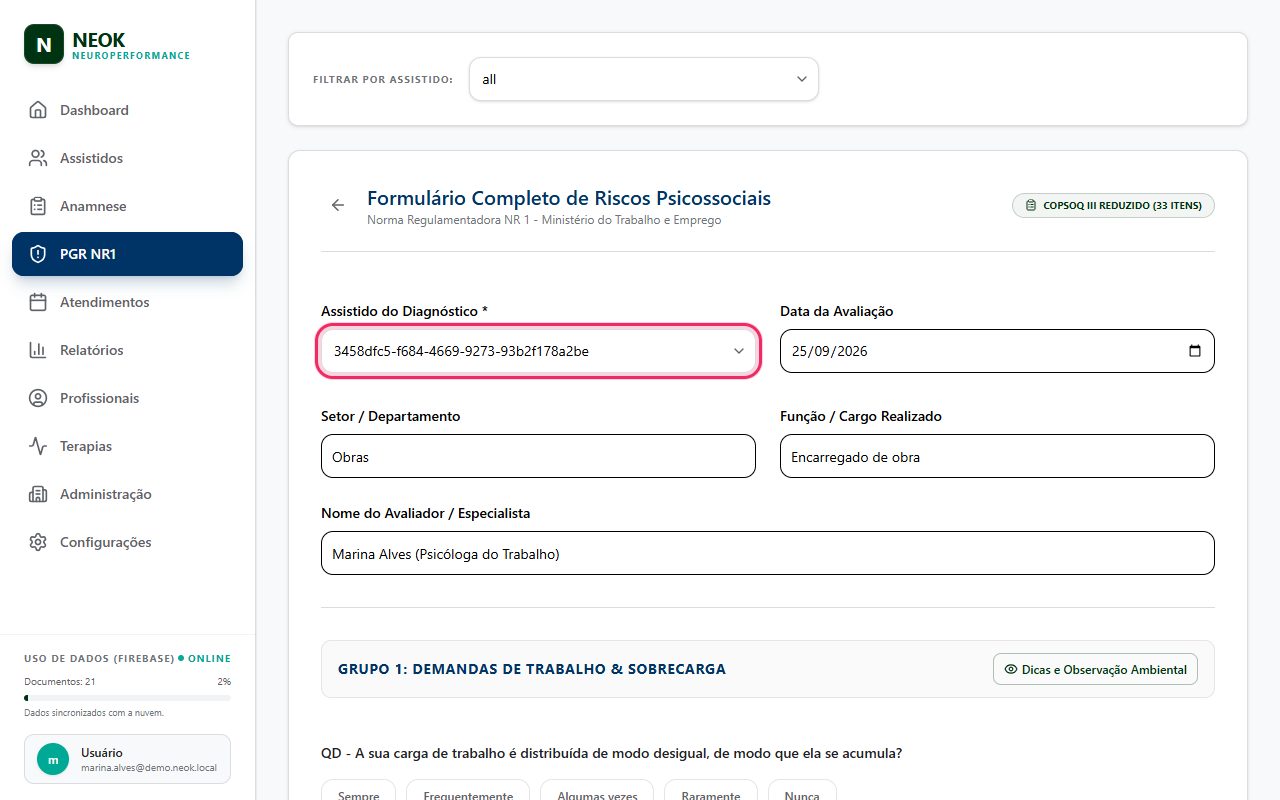 Novo Diagnóstico NR1 (entrevista): Formulário Completo de Riscos Psicossociais com o selo COPSOQ III REDUZIDO (33 ITENS): Assistido do Diagnóstico * = Carlos Menezes, Data da Avaliação, Setor / Departamento (Obras), Função / Cargo Realizado e Nome do Avaliador / Especialista preenchidos.