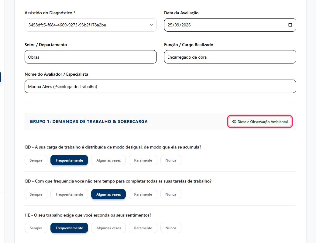Perguntas do Grupo 1: Faixa GRUPO 1: DEMANDAS DE TRABALHO & SOBRECARGA com o botão Dicas e Observação Ambiental e as perguntas no formato QD - texto, cada uma com os botões Sempre, Frequentemente, Algumas vezes, Raramente e Nunca (a resposta escolhida fica azul-escura).