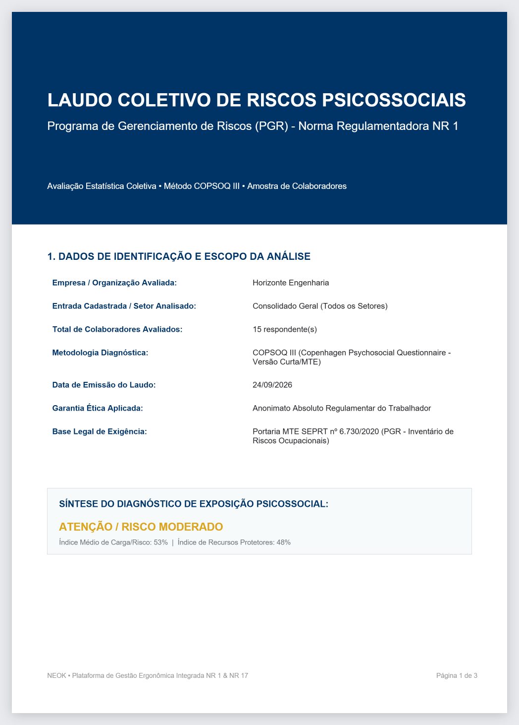 Primeira página do laudo coletivo de riscos psicossociais em PDF, com identificação, metodologia COPSOQ III e síntese do diagnóstico