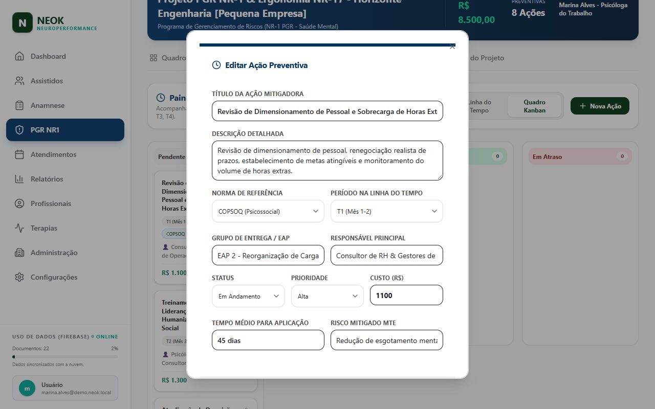 Editar uma ação preventiva: Diálogo Editar Ação Preventiva com Título da Ação Mitigadora, Descrição Detalhada, Norma de Referência, Período na Linha do Tempo, Grupo de Entrega / EAP, Responsável Principal, Status (mudado para Em Andamento), Prioridade, Custo (R$), Tempo Médio para Aplicação, Risco Mitigado MTE e o botão Salvar Ação.