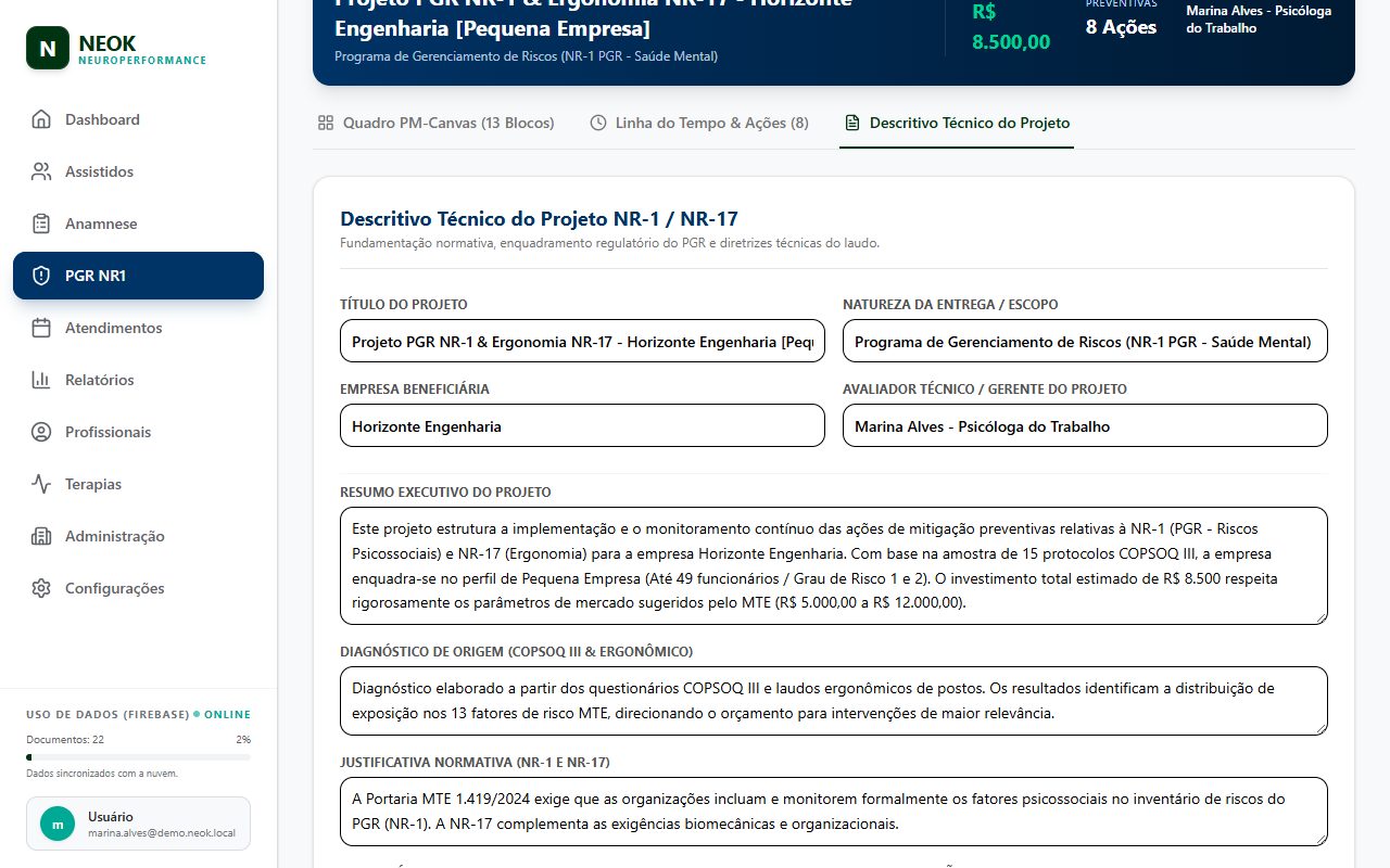 Descritivo Técnico do Projeto: Sub-aba Descritivo Técnico do Projeto NR-1 / NR-17 com Título do Projeto, Natureza da Entrega / Escopo, Empresa Beneficiária, Avaliador Técnico / Gerente do Projeto, Resumo Executivo do Projeto e demais campos, e o botão Salvar Descritivo Técnico.