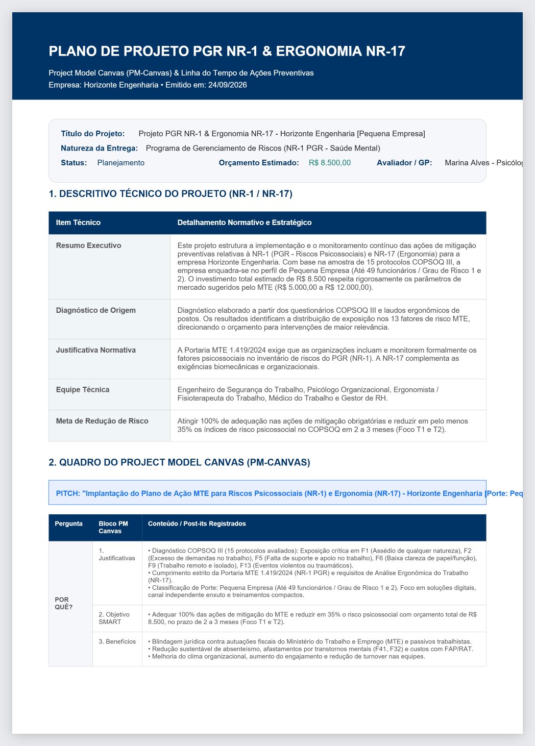 Projeto em PDF (página 1): Primeira página do PDF do botão PDF (Exportar Relatório e Canvas em PDF): Plano de Projeto PGR NR-1 & Ergonomia NR-17 com título, natureza, status, orçamento estimado e o descritivo técnico.