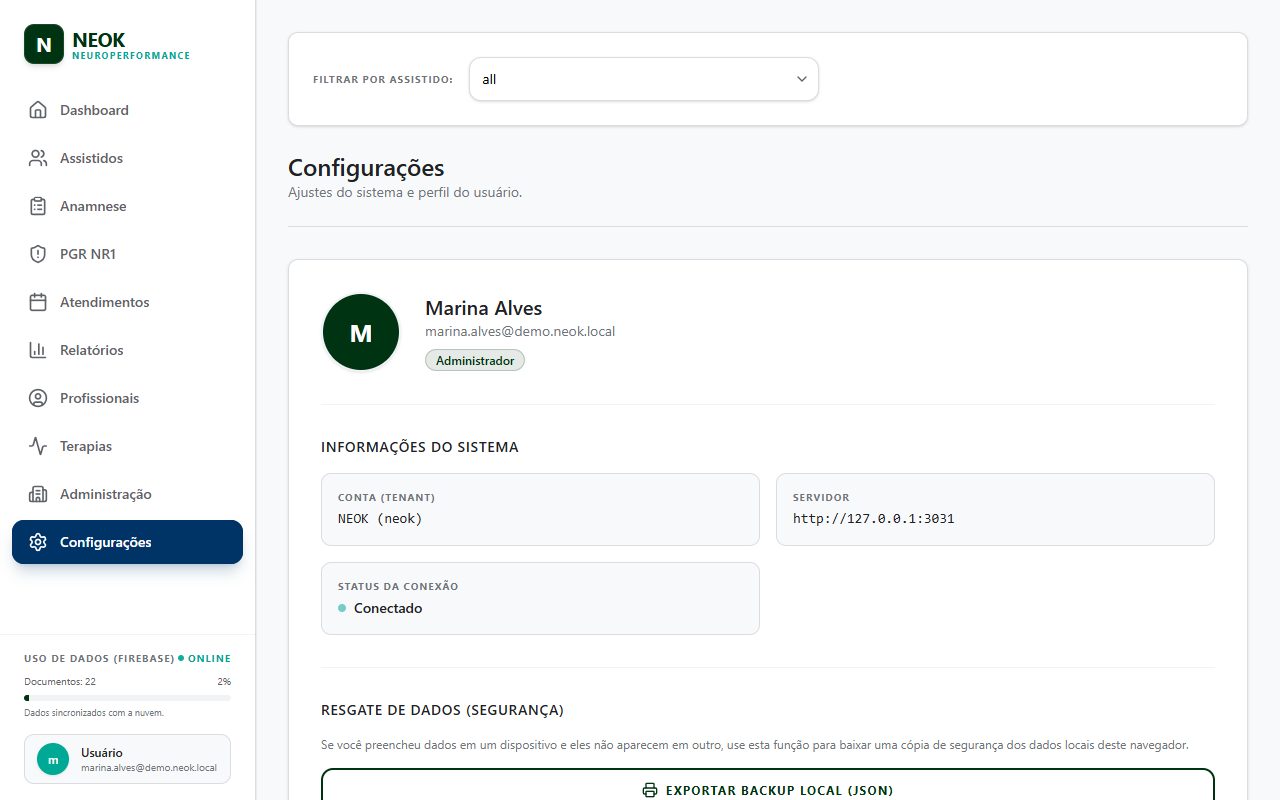 Configurações: Tela Configurações com o perfil do usuário, Informações do Sistema (Conta (tenant), Servidor, Status da Conexão), Exportar Backup Local (JSON), Gerar Descritivo Técnico PGR NR1 (PDF/OCR), Sincronizar Agora, Recarregar Dados do Servidor e o botão Sair da Conta.
